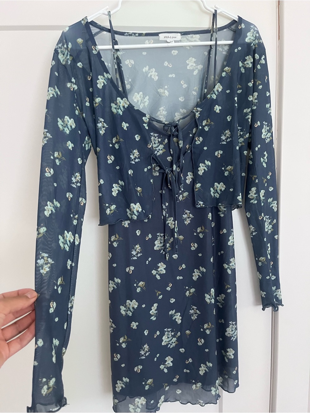 Y2K Blue Floral Mesh Two-Piece Dress Set